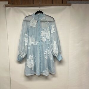 Chic Blue Sheer Floral Mini Dress